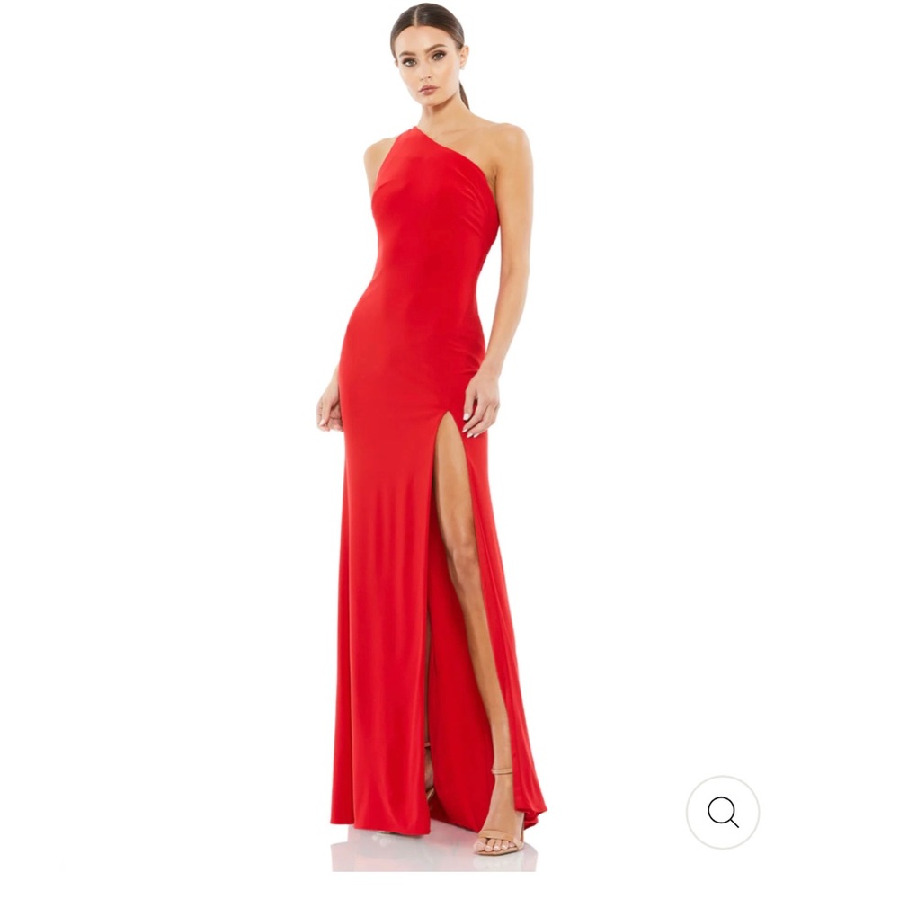 Stretch jersey one-shoulder gown with a sexy open cowl back